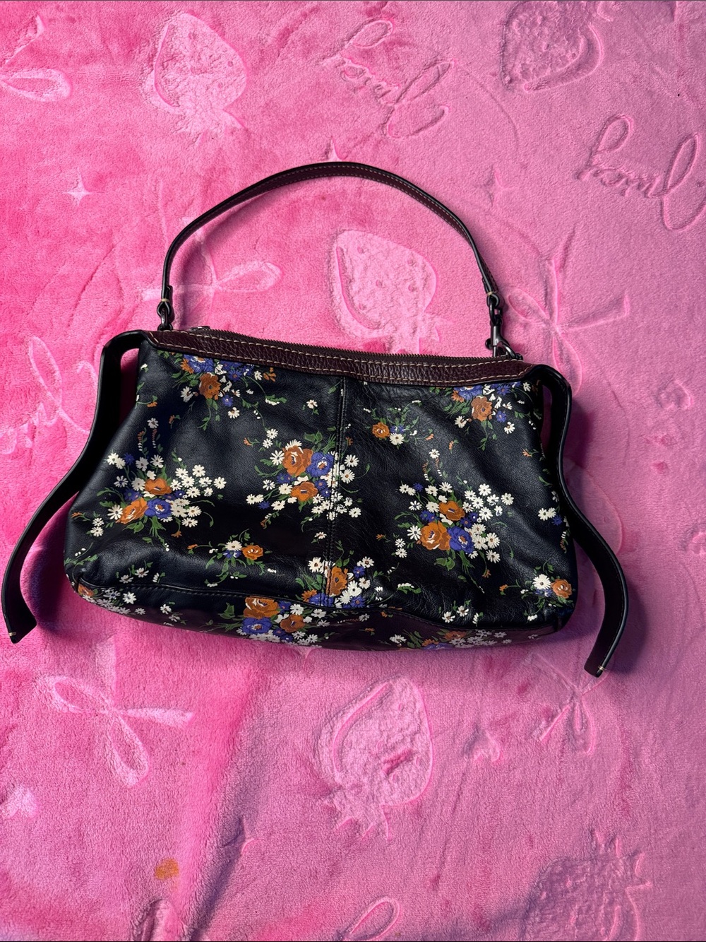 Coach Navy Floral Leather Satchel Pebbled Brown Trim Gunmetal Hardware - Picture 3 of 10